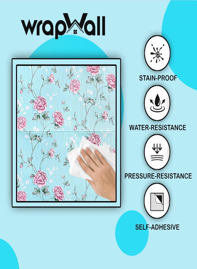 WrapWall 3D New Wallpaper PE Foam self Adhesive Design Wall Stickers/DIY Wallpaper for Home Hotel Living Room Bedroom Cafe Decor || Size 70 * 70 cm (Blue-Flower-16, 1) - Image 3